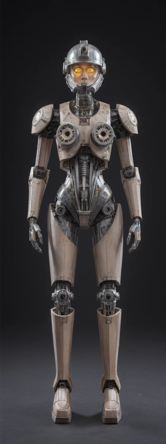 realistic,score_9, score_8_up, score_7_up,
1girl,solo,full body, robotic figure, prominent  helmet, weathered, rusted, large circular eyes, glowing, enigmatic, haunting, patchwork body, mechanical parts, gears, tubes, aged metals, corroded materials,