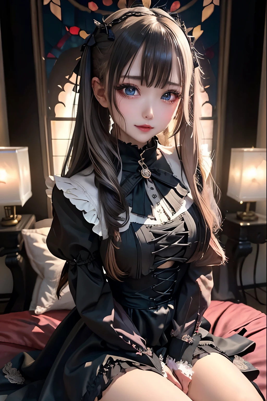 ハードなDark Gothicメイク、Black dark eyeshadow、sad、Good skin radiance、Dark Gothicメイク、Dark smile、palace、The beauty of fragrance、24-years-old、Expression of intense sexual pleasure、Embarrassed look、Dark Gothic、Highest quality、Expression of sexual pleasure without pain、Drunk face、Purple maid outfit、Mysterious、Noble、sexy、Loving smile、Twin tail hair、Right blue eye、Left eye is red、Super tempting pose、Platform Heel Shoes、Heavy makeup、Gothic Lolita clothes、Silver Hair、Long Hair Straight Hair、Cute Gothic Lolita Dress、Beautiful Face、elegant features、Attractive face、Stained glassを背景に、Chest glistening with sweat、The room is dark、goth long dress、Bell Sleeves、Wizard Sleeve、Decadent look、Sexually excited expression、Glossy thighs wet with water、Thighs that are wet and shiny with oil、Background of a room full of roses、sad表情、Rose Maiden、The embroidery is pink、The dress has pink embroidery.、Thigh-high socks、Knee-high socks、Gentle expression、Dark black eyeshadow、Stained glassとバラの背景、thighs are a little thin、Female Duo、Female couple、dark church background、Stained glass、Black metal world、Dark Castle、Dark Room、Slender body、gothic long dress、Victorian dress、Small breasts、Hold the wine in your right hand、Hold the lantern in your left hand、pantyhose、The bed is covered with roses、Her thighs are shining with sweat、My body is wet and shiny、Lots of glitter on the thighs、sweating、私の太ももはsweatingでベタベタしている、Sweat glistening on my thighs、The whole body is sweaty and shiny、I sweated a lot.、My thighs are sweaty、Wet thighy thighs are shining with sweat、A lot of sweat glistening all over the body、Slender body、Put your head on the pillow、Sleeping on a bed、Beautiful legs、Stretching legs、Lie down in bed、Lie on your back in bed、Thin legs、