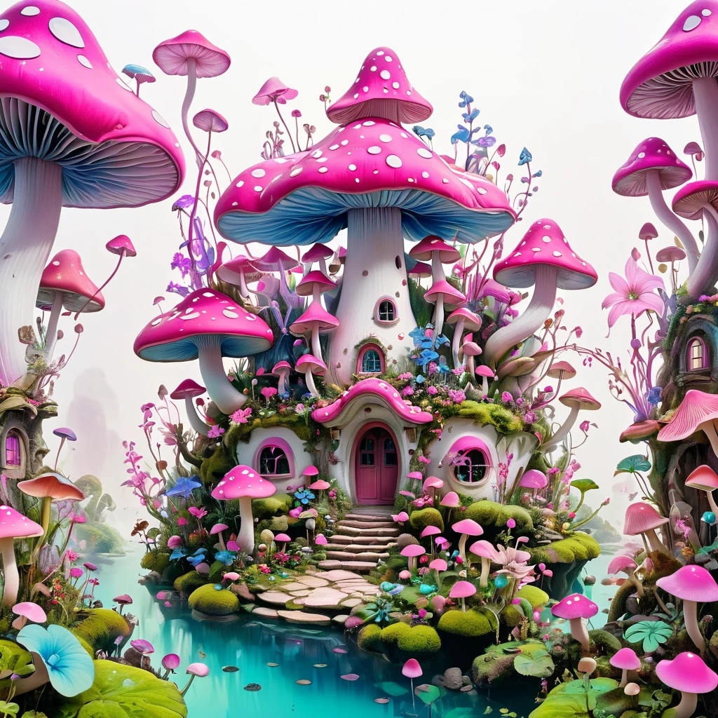 Psychedelic Art:1.6.由苹Pink buds制成的极简主义建筑组合, Decorated with flowers and mushrooms，Pink buds， Creating a surreal and dreamlike paradise, 4K, 8K, best quality, masterpiece, Reality, Extremely detailed, Pink soft colors, White background