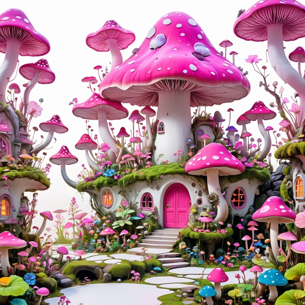 Psychedelic Art:1.6.由苹Pink buds制成的极简主义建筑组合, Decorated with flowers and mushrooms，Pink buds， Creating a surreal and dreamlike paradise, 4K, 8K, best quality, masterpiece, Reality, Extremely detailed, Pink soft colors, White background