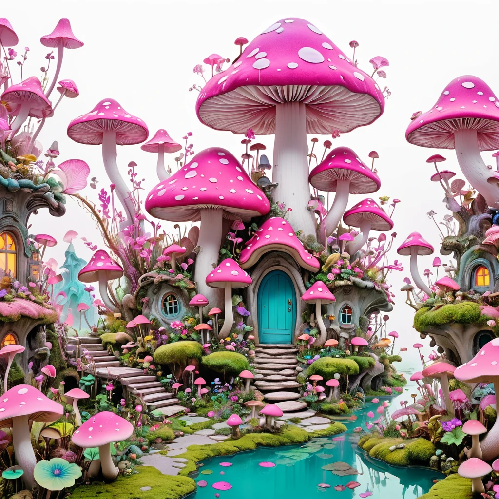 Psychedelic Art:1.6.由苹Pink buds制成的极简主义建筑组合, Decorated with flowers and mushrooms,Pink buds, Creating a surreal and dreamlike paradise, 4K, 8K, best quality, masterpiece, Reality, Extremely detailed, Pink soft colors, White background