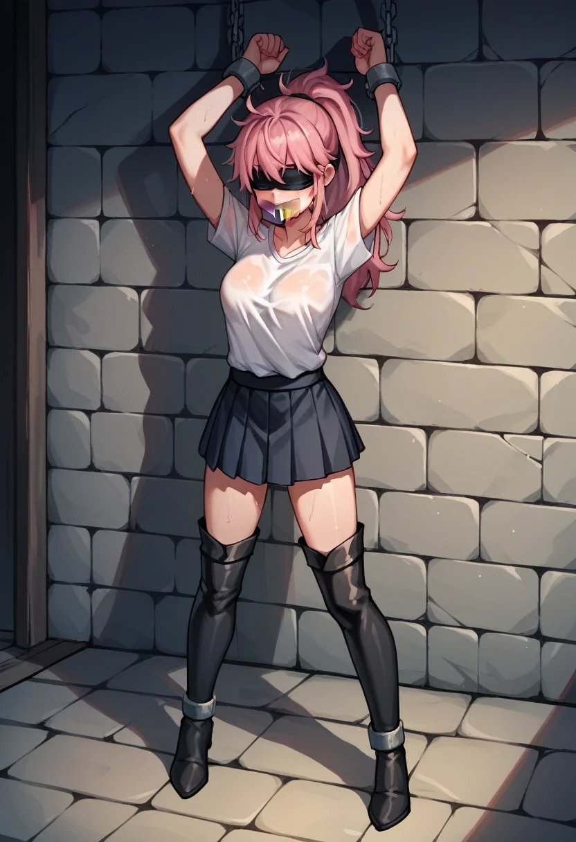 score_9, score_8_up, score_7_up, score_6_up, score_5_up, score_4_up, source_anime, 1woman, bdsm, worth, pink hair, ponytail, blindfold, tape your mouth shut, w-w-chain, shackles, raise arms, messy hair, sweaty shirt, skirt, black thigh boots, night, the solution, dungeon, best quality, best res, 4K UHD,
 