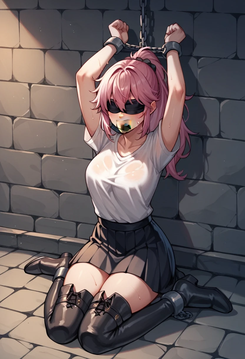 score_9, score_8_up, score_7_up, score_6_up, score_5_up, score_4_up, source_anime, 1woman, bdsm, worth, pink hair, ponytail, blindfold, tape your mouth shut, w-w-chain, shackles, raise arms, messy hair, sweaty shirt, skirt, black thigh boots, night, the solution, dungeon, best quality, best res, 4K UHD,