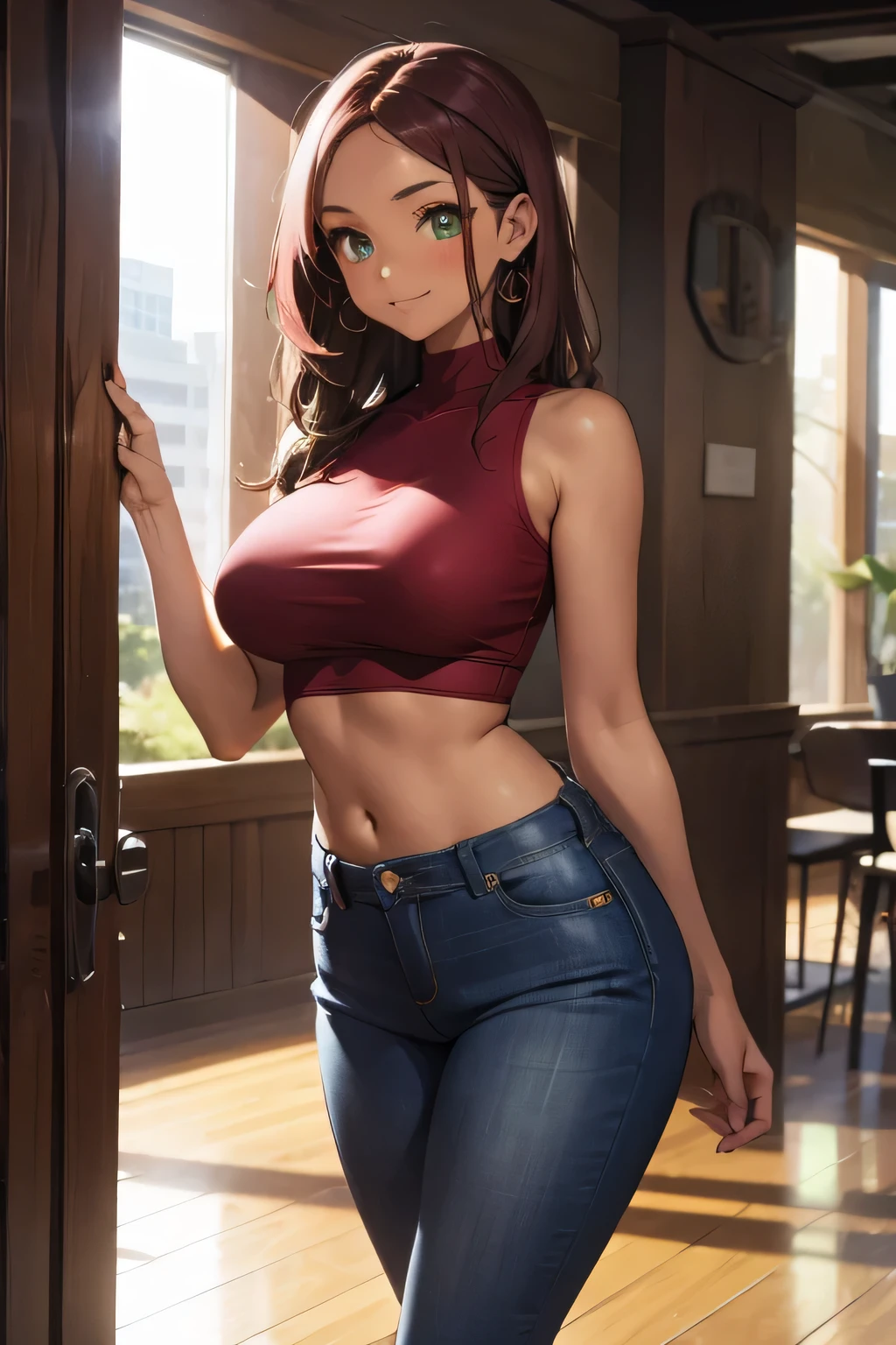 1girl, single girl, burgundy hair, dirty hair, dark skin, tanned skin, green eyes, big breasts, wide hips, tight jeans, flirty pink crop top, at a university