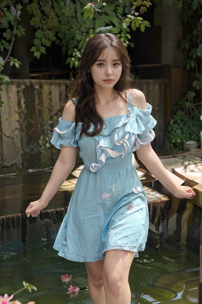 In a turquoise dress that perfectly complements her sky-blue shoes, a 25-year-old woman stands full-length, her dark hair cascading down her shoulders, framing a heart that she holds tenderly against her chest. Her serene smile blooms among a vibrant arrangement of red peonies and blue roses, with a sunlit waterfall cascading in the background, adding an element of tranquility and harmony to the scene. The image should be captured in hyper realistic detail and high resolution, reflecting the clarity and crispness of a professional photograph. Each petal of the peonies and each strand of her hair should be distinctly visible, the water, turn to forward, ultra realistic. cleare look image. ultra realistic face. award winning photograph, (Best quality, 8k, 32k, Masterpiece, UHD:1.3) , more details, ultra details, ultra quality, ultra realistic, ultra HD camera angle. free hand, real hand, real fingers, look forward.