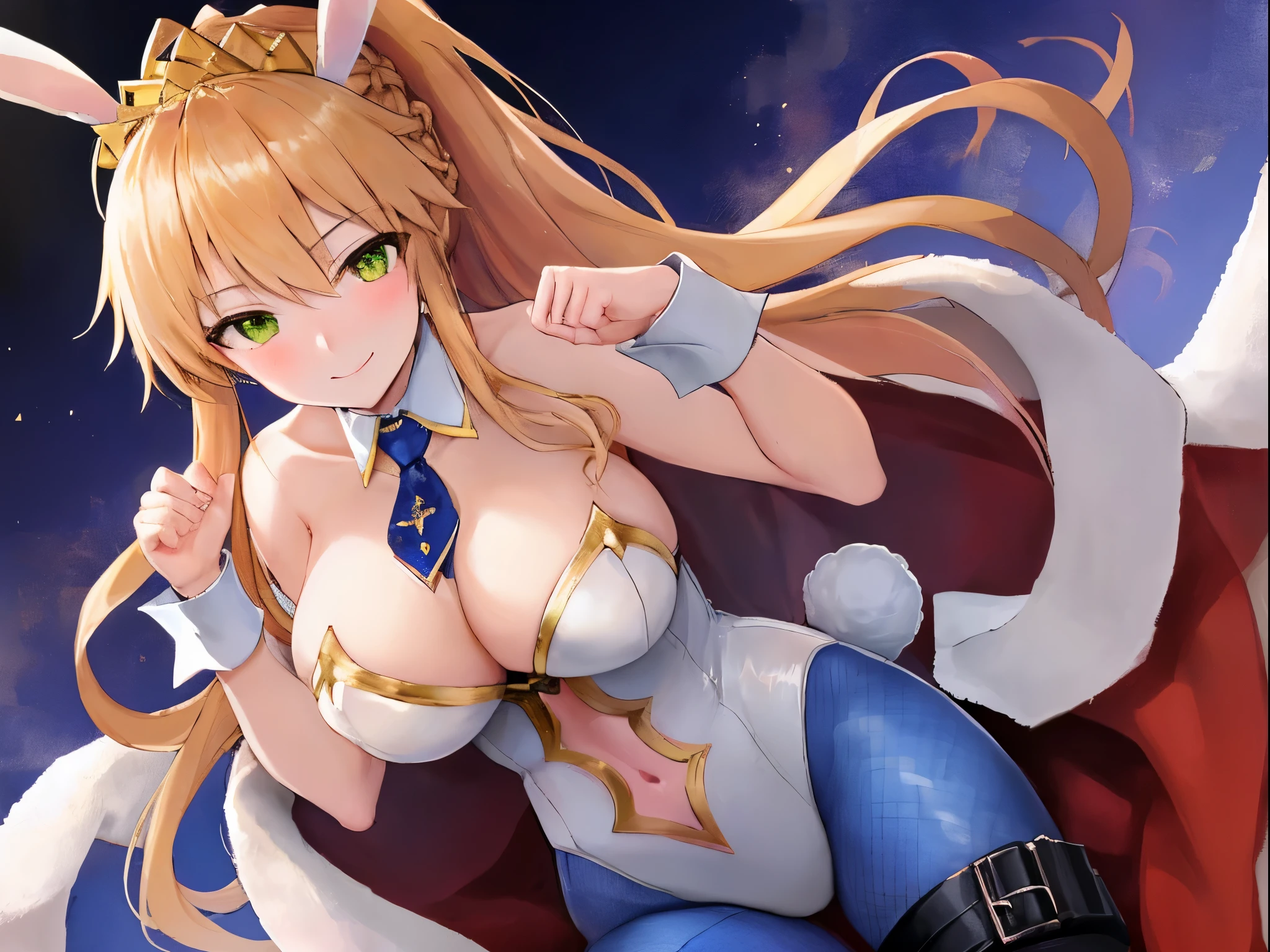 masterpiece, best quality, absurdres, soft lighting, looking at viewer, solo, light_smile, shy,
1girl, ahoge, rabbit ears, playboy bunny, artoria pendragon \(swimsuit ruler\) \(fate\), large breasts , blonde hair, green eyes, french braid, pony tail
bare shoulders, large breasts , cleavage,
clothing cut out, wrist cuffs, detached collar, navel cutout, feather boa,
white leotard, blue necktie, blue pantyhose, single thigh strap, hands_on_head,put_hands_up,
squat,gorgeous_background,solo,rabbit_posing,large_thighs,Extend_fingers,palm,open_legs,.solo