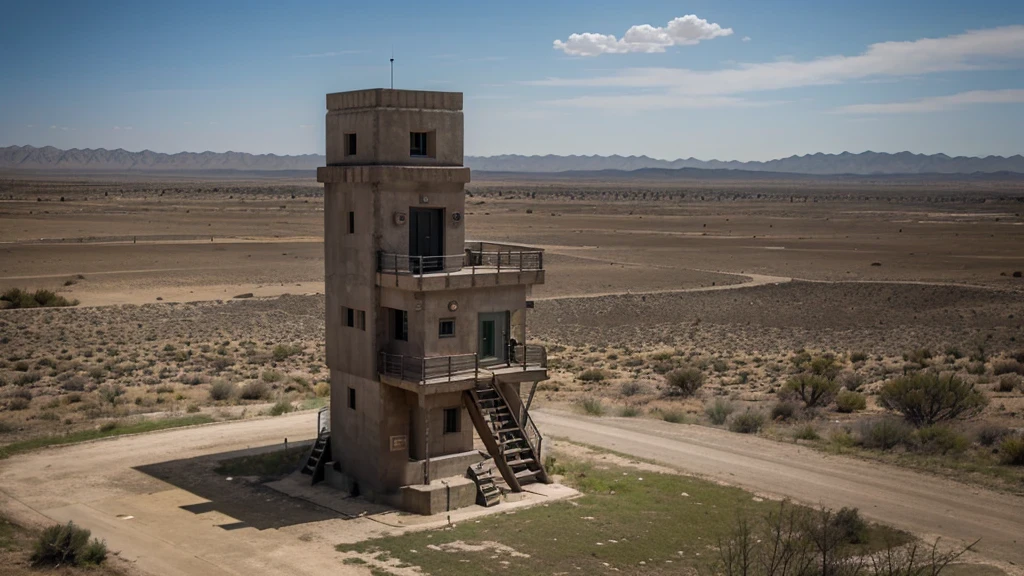 high,Military watchtower made of dark concrete.,On the outskirts of the forest,