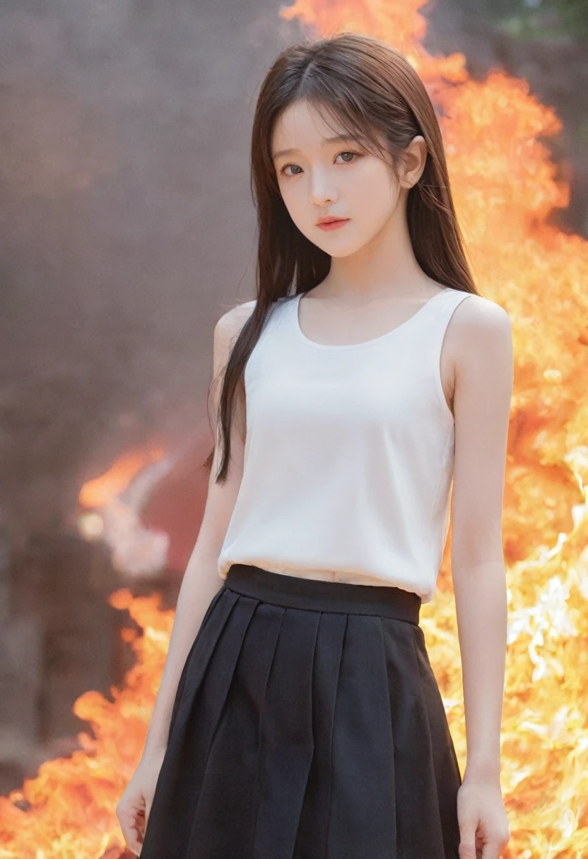 flame/flame/flame,An 11-year-old girl,There are very, Black skirt,White vest