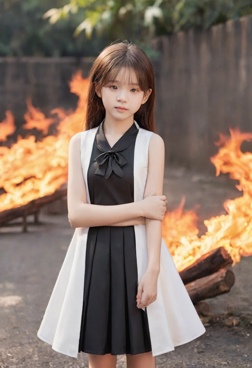 flame/flame/flame，An 11-year-old girl，There are very, Black skirt，White vest