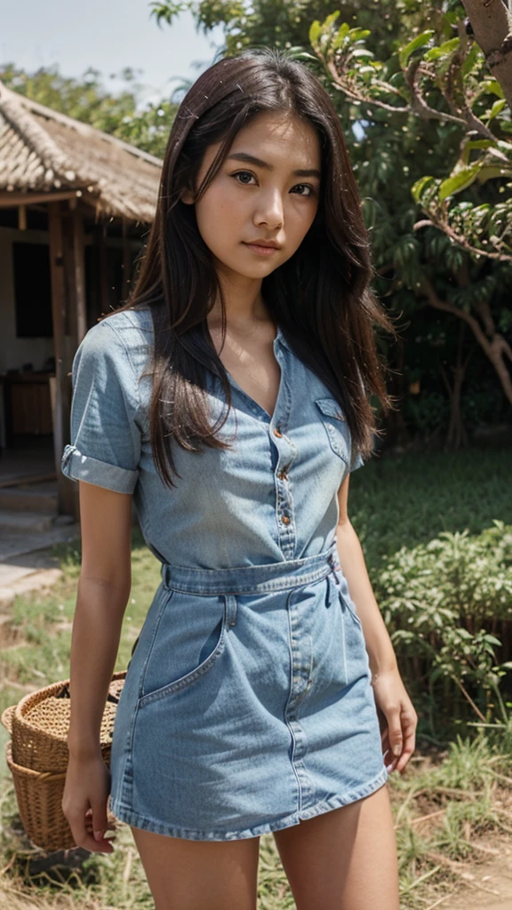 girl standing wearing jeans short dress, asian beautiful eyes with arab fed face, one apple tree next to girl, rice field background,