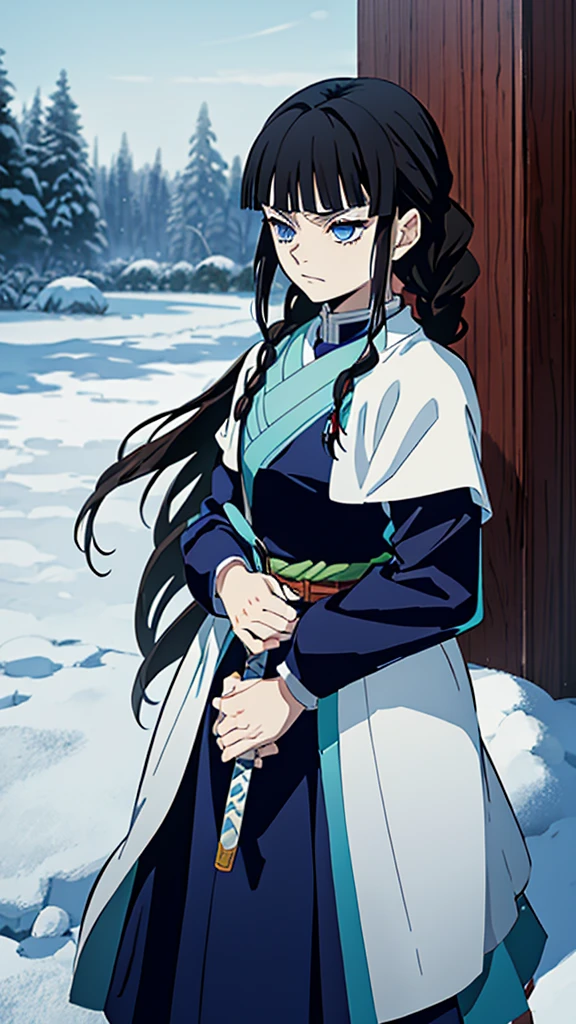 Kimetsu no Yaiba style, 1 mature, girl, blue eyes, a hashira, pretty, long dark brown hair in braids, curtain bangs, annoyed expression, noble, Pillar Demon Slayer, holding a sword, wearing demon slayer uniform, holding a blue demon slayer sword, dark and snowy background