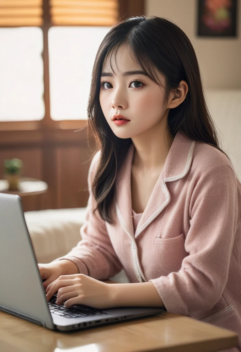 a beautiful Vietnamese girl in short pajamas, cute mole on the corner of her mouth, focused on working on her laptop, extremely detailed face and eyes, long eyelashes, warm lighting, soft colors, cozy interior setting, cinematic composition, digital painting, award-winning artwork, photorealistic, 8k, highres, best quality