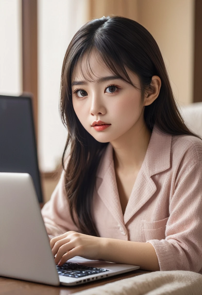 a beautiful Vietnamese girl in short pajamas, cute mole on the corner of her mouth, focused on working on her laptop, extremely detailed face and eyes, long eyelashes, warm lighting, soft colors, cozy interior setting, cinematic composition, digital painting, award-winning artwork, photorealistic, 8k, highres, best quality