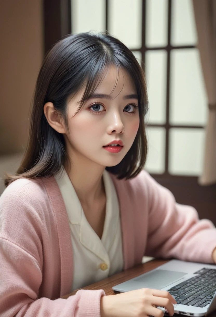 a beautiful Vietnamese girl in short pajamas, cute mole on the corner of her mouth, focused on working on her laptop, extremely detailed face and eyes, long eyelashes, warm lighting, soft colors, cozy interior setting, cinematic composition, digital painting, award-winning artwork, photorealistic, 8k, highres, best quality