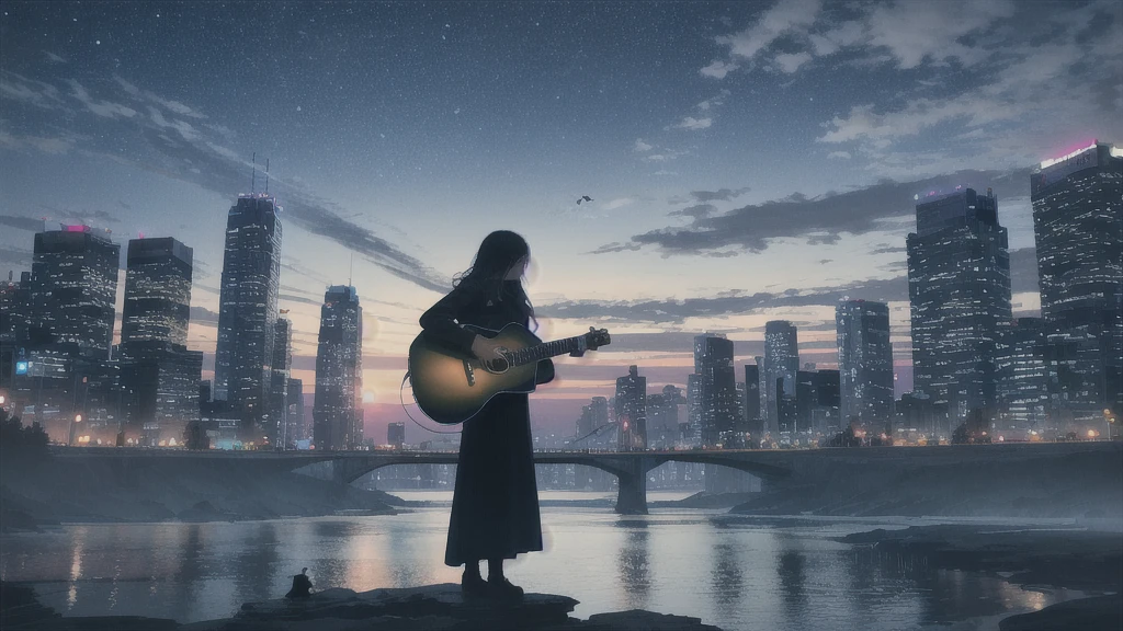 Acoustic guitar,Pitch black night sky,Octane, Star (zero), scenery, Blue parakeet,The acoustic guitar is placed in front of the body.,Star, night, Back view, Outdoor, city,river,Blue parakeet,building, cloud, Heavenly River,silhouette