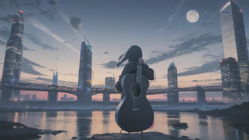 Acoustic guitar,Pitch black night sky,Octane, Star (zero), scenery, Blue parakeet,The acoustic guitar is placed in front of the body.,Star, night, Back view, Outdoor, city,river,Blue parakeet,building, cloud, Heavenly River,silhouette