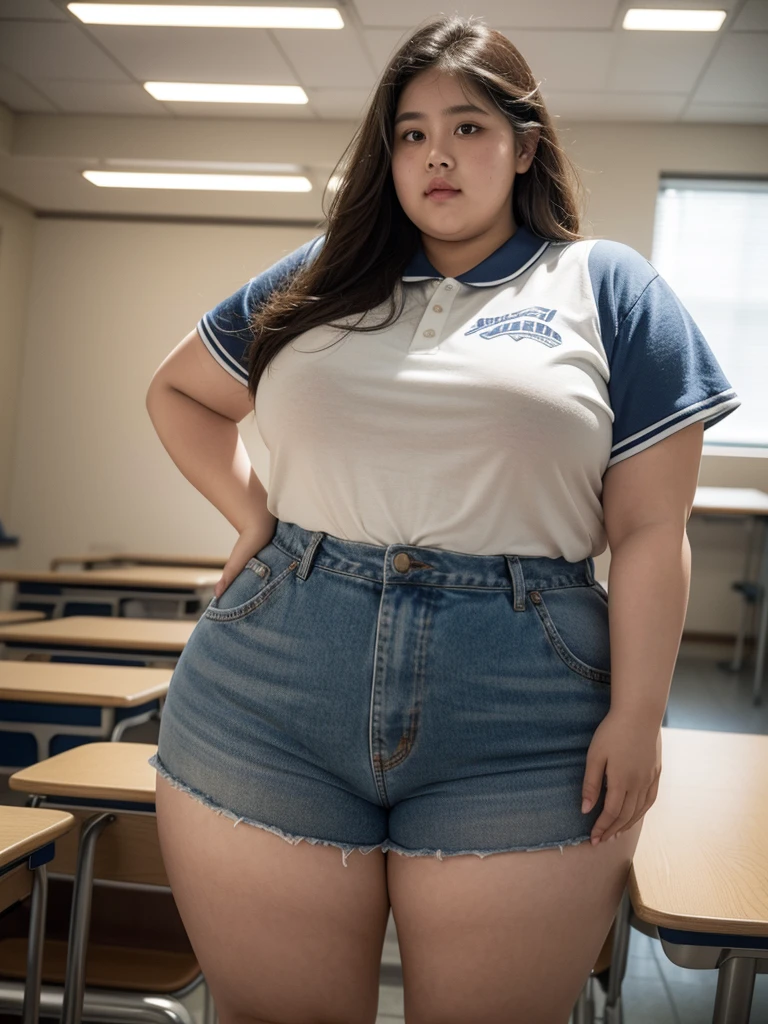 a 15 year old obese girl, chubby cheeks, round face, double chin, thick arms and legs, wearing a , standing in a school setting, realistic, detailed, highly detailed, intricate details, photorealistic, 8k, masterpiece, cinematic lighting, dramatic shadows, vibrant colors