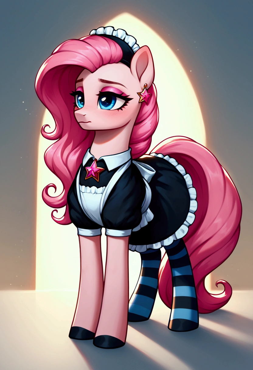 score_9,score_8_up,score_7_up,score_6_up, ((my little pony)), radiant lighting, vibrant colors, whimsical atmosphere, 8K, high resolution, highly detailed, masterpiece, (shy look), ((pony body)), (matte white body), blue eyes, (maid costume), striped stockings, star pendant, earrings, eyeshadow, (very long pink hair:1.3), ((intimate pose)), (devoted gaze)