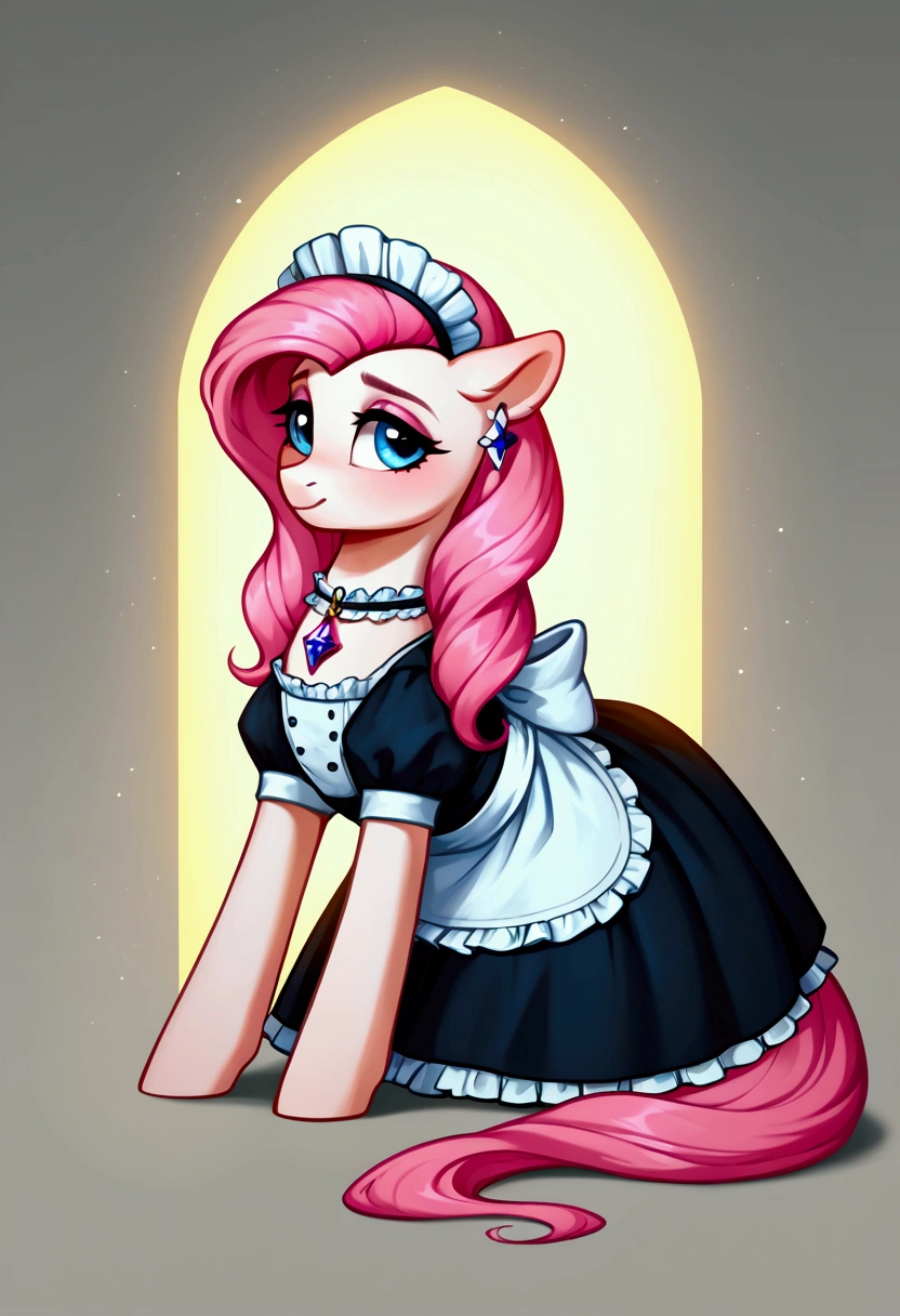 score_9,score_8_up,score_7_up,score_6_up, ((my little pony)), radiant lighting, vibrant colors, whimsical atmosphere, 8K, high resolution, highly detailed, masterpiece, (shy look), ((pony body)), (matte white body), blue eyes, (maid costume), striped stockings, star pendant, earrings, eyeshadow, (very long pink hair:1.3), ((intimate pose)), (devoted gaze)