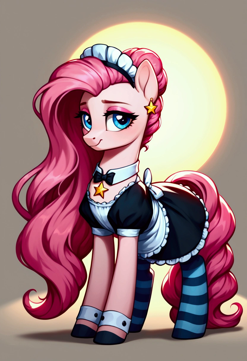 score_9,score_8_up,score_7_up,score_6_up, ((my little pony)), radiant lighting, vibrant colors, whimsical atmosphere, 8K, high resolution, highly detailed, masterpiece, (shy look), ((pony body)), (matte white body), blue eyes, (maid costume), striped stockings, star pendant, earrings, eyeshadow, (very long pink hair:1.3), ((intimate pose)), (devoted gaze)