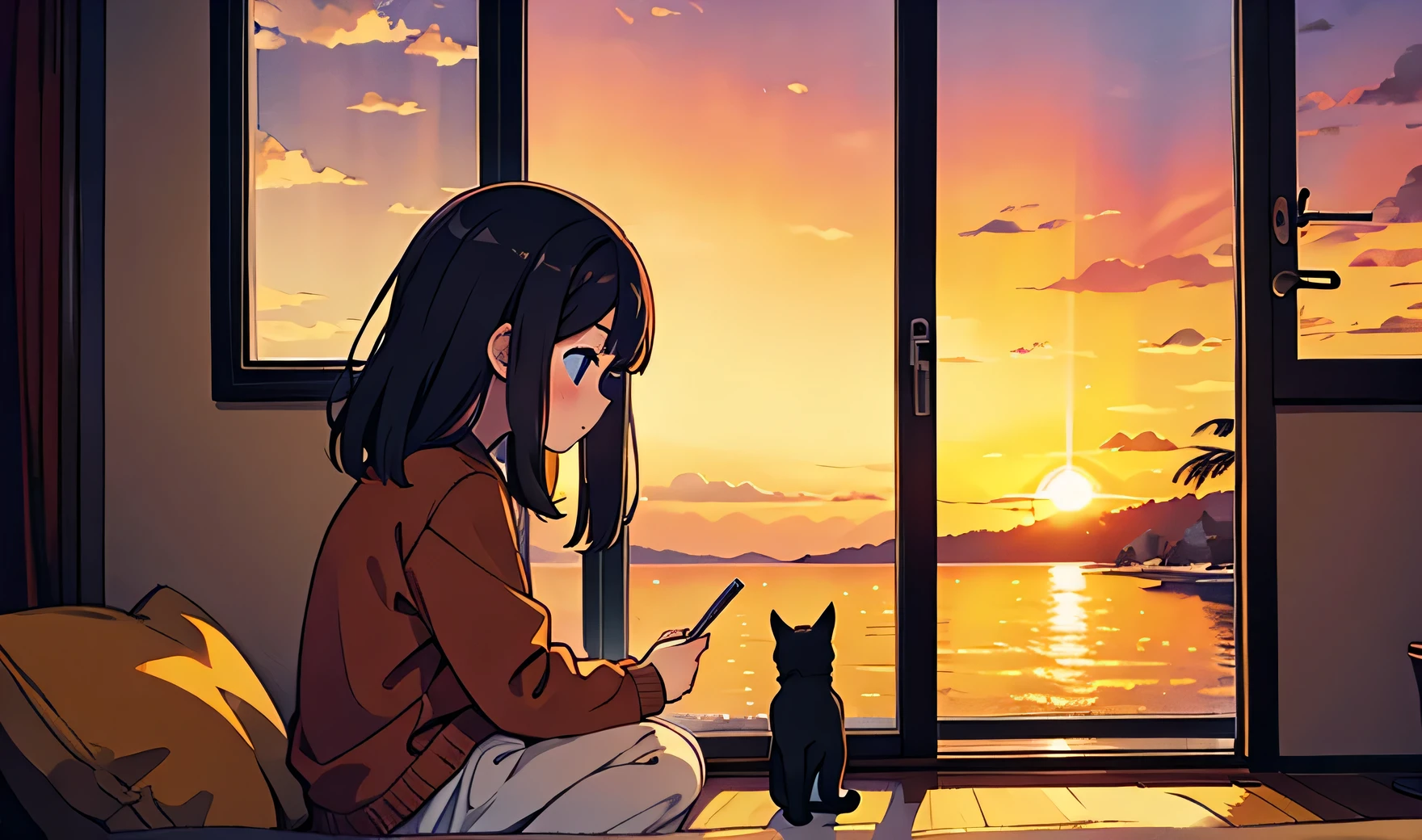 Warm room,sunset,cozy,a girl and a cat are sitting together and looking at sunset.