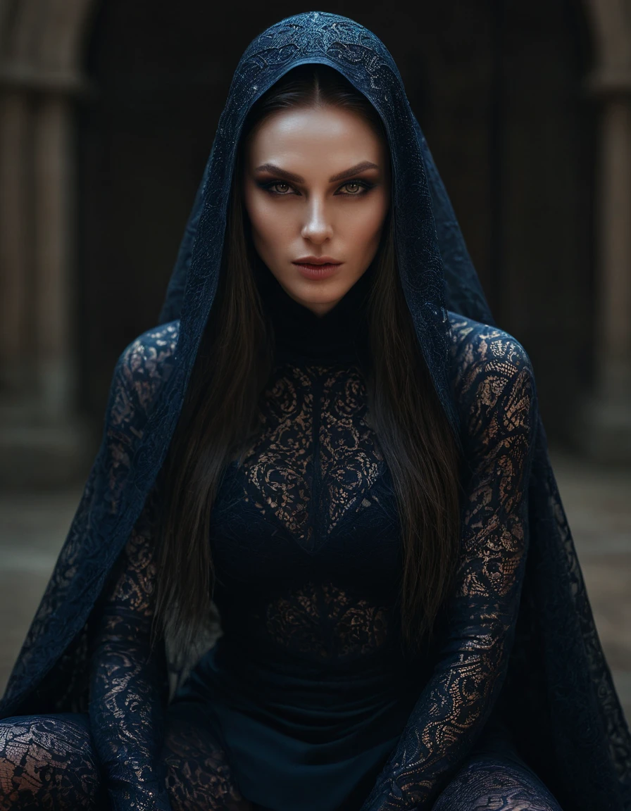 Fashionable of androgynous alien looking witch wearing veil, glowing eyes, beautiful evil slavic muscular woman, pale skin, long hair, futuristic design, minimal details, givenchy, photoreal, 200mm, hd, f/ 2.0, highly detailed, surreal, sitting, light smile, simple black stylish clothes, a slight smiledrop dead, in the style of red and blue, (intricate details, hyperdetailed:1.15) (skin texture:1.2), cinematic, professional, 4k, (((dynamic model pose))), sitting, full body, mesmerizing, dynamic, dramatic, sensual, dynamic pose, highly detailed skin with hair, subcutaneous veins, light and shadow play, highly detailed,24mm photograph, film, bokeh, professional, 4k,