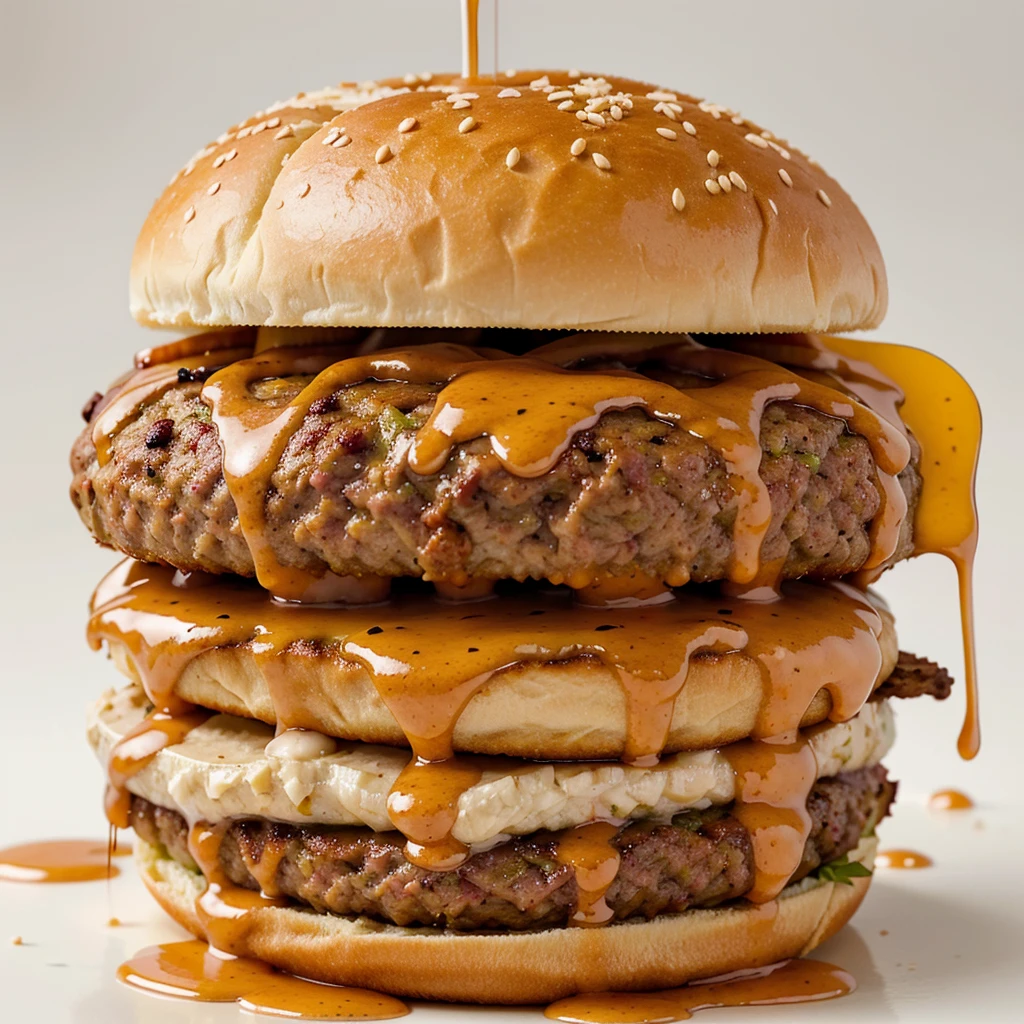 Delicious burger with many ingredients isolated on white background Tasty cheeseburger splash sauce