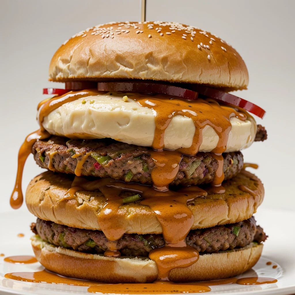 Delicious burger with many ingredients isolated on white background Tasty cheeseburger splash sauce