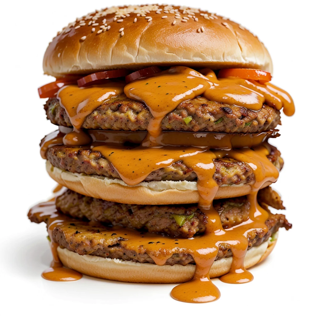 Delicious burger with many ingredients isolated on white background Tasty cheeseburger splash sauce