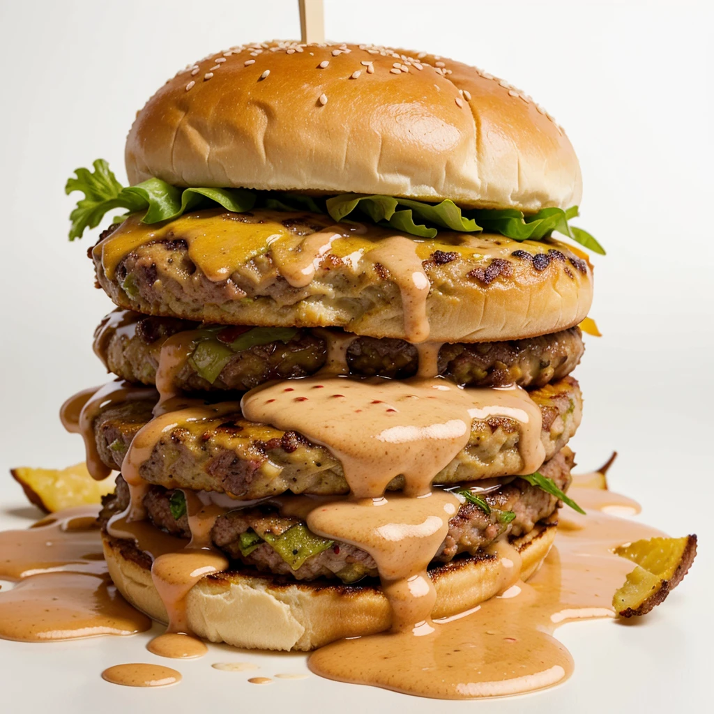Delicious burger with many ingredients isolated on white background Tasty cheeseburger splash sauce