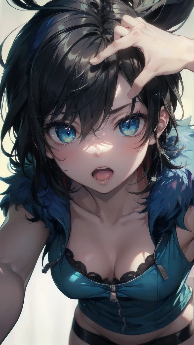 Close-up of a cartoon girl with blue hair and a yellow shirt, 2D Animation, 2D Animation style, 2D Art, 2D Art, 2D from Gorillaz, 2D from Gorillaz, 2D Gorillaz, Screaming Cerket, 2D Sprites, Jinx Face, short hair, hot pants, Small breasts, ((Black Hair, Bright blue fur inside:1.4))