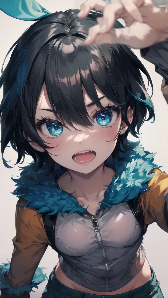 Close-up of a cartoon girl with blue hair and a yellow shirt, 2D Animation, 2D Animation style, 2D Art, 2D Art, 2D from Gorillaz, 2D from Gorillaz, 2D Gorillaz, Screaming Cerket, 2D Sprites, Jinx Face, short hair, hot pants, Small breasts, ((Black Hair, Bright blue fur inside:1.4))