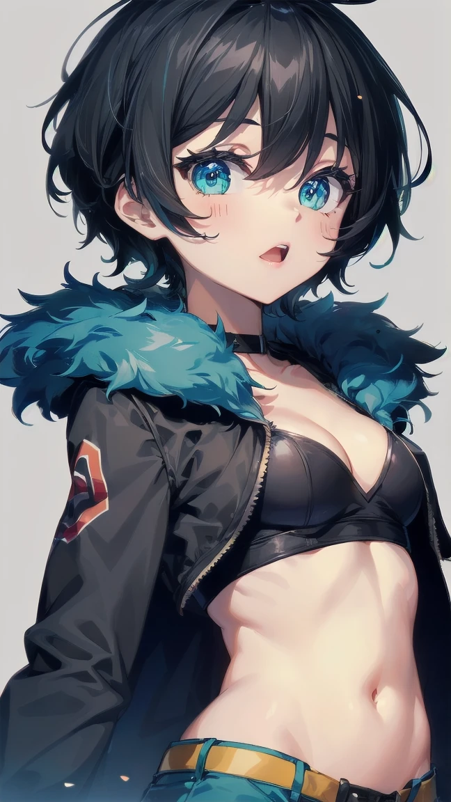 Close-up of a cartoon girl with blue hair and a yellow shirt, 2D Animation, 2D Animation style, 2D Art, 2D Art, 2D from Gorillaz, 2D from Gorillaz, 2D Gorillaz, Screaming Cerket, 2D Sprites, Jinx Face, short hair, hot pants, Small breasts, ((Black Hair, Bright blue fur inside:1.4))