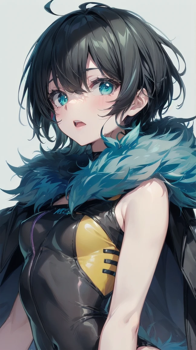 Close-up of a cartoon girl with blue hair and a yellow shirt, 2D Animation, 2D Animation style, 2D Art, 2D Art, 2D from Gorillaz, 2D from Gorillaz, 2D Gorillaz, Screaming Cerket, 2D Sprites, Jinx Face, short hair, hot pants, Small breasts, ((Black Hair, Bright blue fur inside:1.4))