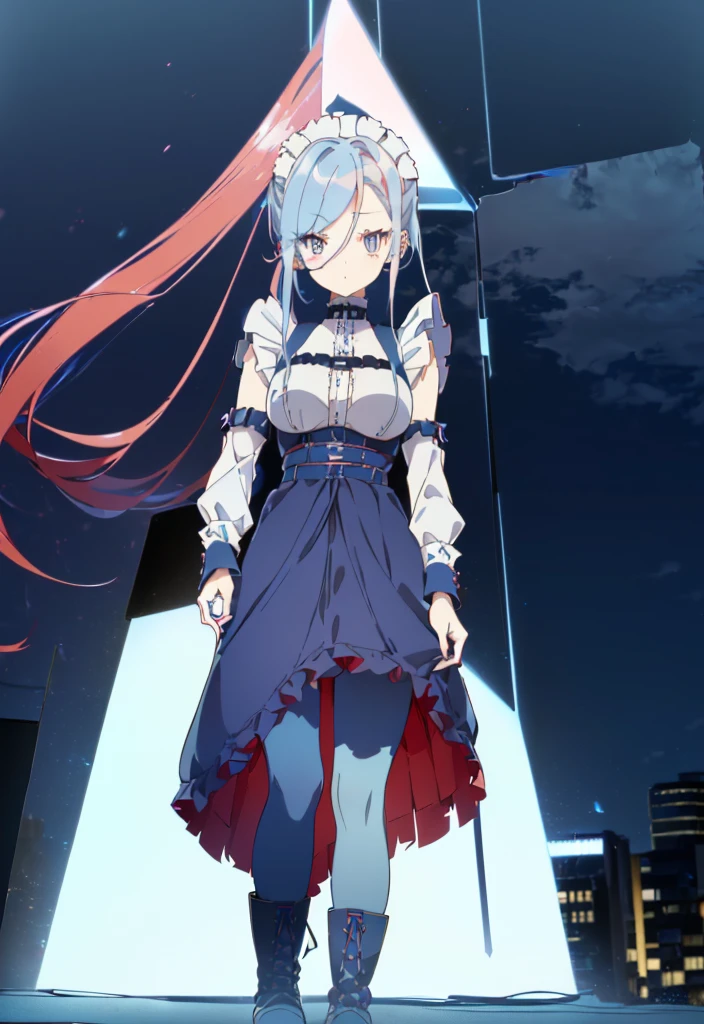 ((split-color hair , red hair , light blue hair)),[(city background:1.4)::5],original,(illustration:1.1),(best quality),(masterpiece:1.1),(extremely detailed CG unity 8k wallpaper:1.1), (colorful:0.9),(mid shot:0.95),(full body:1.5),Dynamic angle,(solo:1.2), (girl),((adult)), (detailed beautiful eyes:1.15), (beautiful face:1.15), (glowing red eyes:1.25////),((medium hair)),((split-color hair , red hair , light blue hair)),(high twintails),(chignon),(+perfect hand+:1.21),(Draw an illustration of a gothic girl),(Religious),(slender),(is wearing boots on her feet),((is wearing white maid clothes)),(furious), Lace Off-shoulder ta fashion,beautiful slender woman,high twintails,full body,mini skirt,((split-color hair , red hair , light blue hair)),((black long boots)),((mini skirt)),((adult)),((dynamic angle)),((split-color hair , red hair , light blue hair)),((split-color hair , red hair , light blue hair)),((black long boots)),((black long boots)),((split-color hair , red hair , light blue hair)),((split-color hair , red hair , light blue hair)),((city background)),