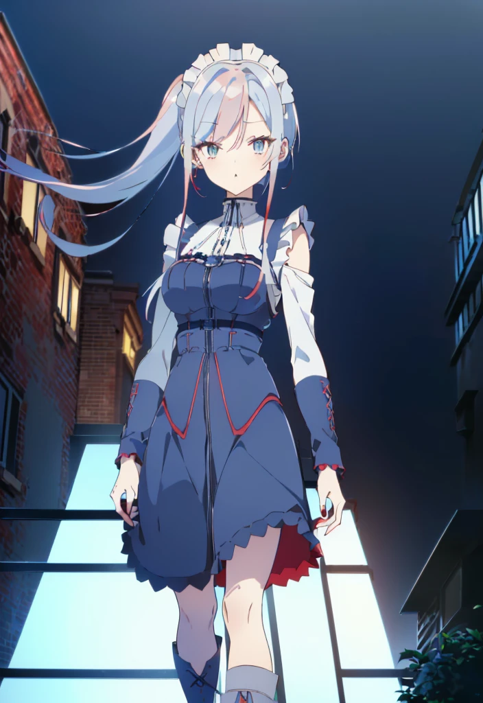 ((split-color hair , red hair , light blue hair)),[(city background:1.4)::5],original,(illustration:1.1),(best quality),(masterpiece:1.1),(extremely detailed CG unity 8k wallpaper:1.1), (colorful:0.9),(mid shot:0.95),(full body:1.5),Dynamic angle,(solo:1.2), (girl),((adult)), (detailed beautiful eyes:1.15), (beautiful face:1.15), (glowing red eyes:1.25////),((medium hair)),((split-color hair , red hair , light blue hair)),(high twintails),(chignon),(+perfect hand+:1.21),(Draw an illustration of a gothic girl),(Religious),(slender),(is wearing boots on her feet),((is wearing white maid clothes)),(furious), Lace Off-shoulder lolita fashion,beautiful slender woman,high twintails,full body,mini skirt,((split-color hair , red hair , light blue hair)),((black long boots)),((mini skirt)),((adult)),((dynamic angle)),((split-color hair , red hair , light blue hair)),((split-color hair , red hair , light blue hair)),((black long boots)),((black long boots)),((split-color hair , red hair , light blue hair)),((split-color hair , red hair , light blue hair)),((city background)),