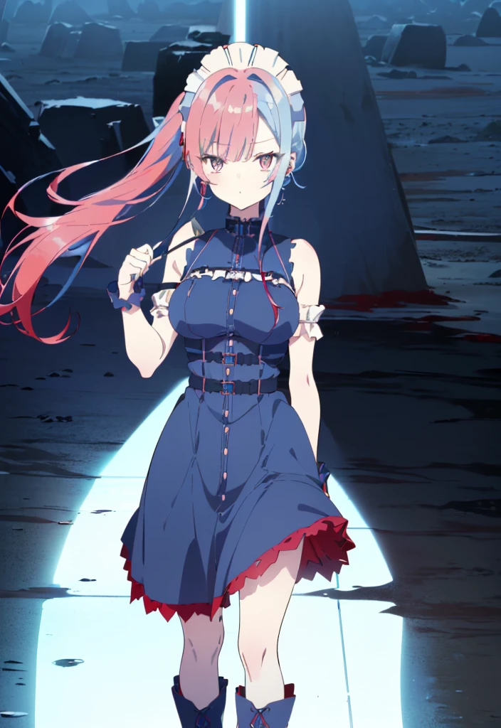 ((split-color hair , red hair , light blue hair)),[(city background:1.4)::5],original,(illustration:1.1),(best quality),(masterpiece:1.1),(extremely detailed CG unity 8k wallpaper:1.1), (colorful:0.9),(mid shot:0.95),(full body:1.5),Dynamic angle,(solo:1.2), (girl),((adult)), (detailed beautiful eyes:1.15), (beautiful face:1.15), (glowing red eyes:1.25////),((medium hair)),((split-color hair , red hair , light blue hair)),(high twintails),(chignon),(+perfect hand+:1.21),(Draw an illustration of a gothic girl),(Religious),(slender),(is wearing boots on her feet),((is wearing white maid clothes)),(furious), Lace Off-shoulder ta fashion,beautiful slender woman,high twintails,full body,mini skirt,((split-color hair , red hair , light blue hair)),((black long boots)),((mini skirt)),((adult)),((dynamic angle)),((split-color hair , red hair , light blue hair)),((split-color hair , red hair , light blue hair)),((black long boots)),((black long boots)),((split-color hair , red hair , light blue hair)),((split-color hair , red hair , light blue hair)),((city background)),