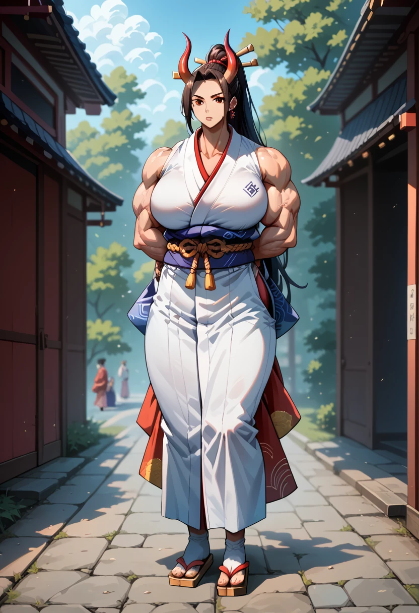 masterpiece, best quality), best resolution, yamato boy, red oni horns, earrings, hair stick, bare shoulders, japanese clothes, kimono, rope, sleeveless kimono, shimenawa, high ponytail, extreme muscular body, huge breasts, full body.