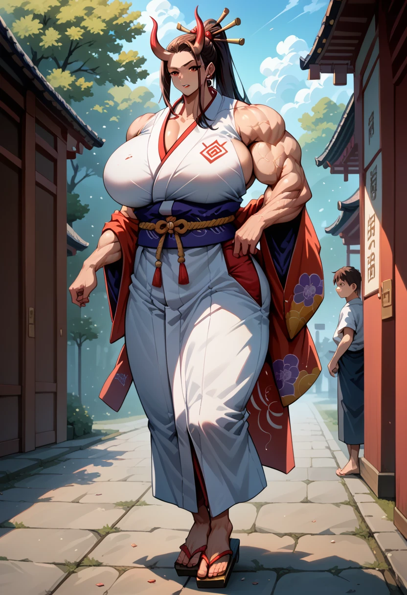 masterpiece, best quality), best resolution, yamato boy, red oni horns, earrings, hair stick, bare shoulders, japanese clothes, kimono, rope, sleeveless kimono, shimenawa, high ponytail, extreme muscular body, huge breasts, full body.