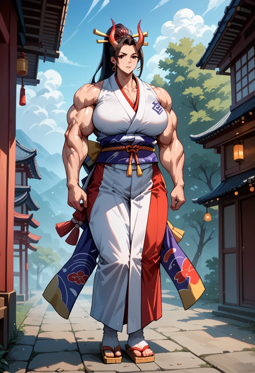 masterpiece, best quality), best resolution, yamato boy, red oni horns, earrings, hair stick, bare shoulders, japanese clothes, kimono, rope, sleeveless kimono, shimenawa, high ponytail, extreme muscular body, huge breasts, full body.