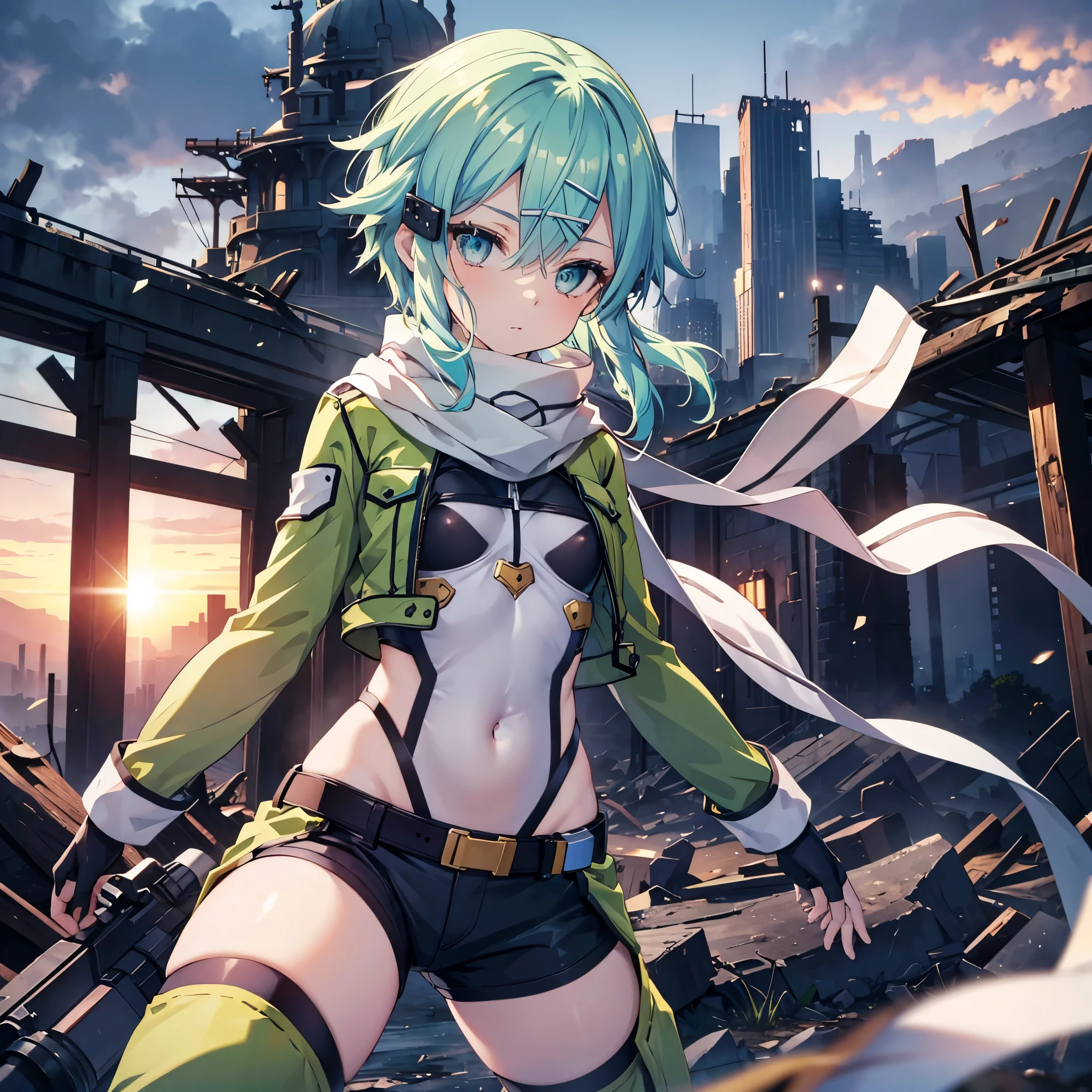 (masterpiece), best quality, expressive eyes, perfect face, highres, sinon1, scarf, fingerless gloves, long sleeves, short shorts,groin, hair ornament, hairclip, green thighhighs, green jacket,covered_nipples, thigh strap, field, sunset_ruins background, ruined structures, dynamic_posing, looking at the viewer, covered_navel,covered_nipples,