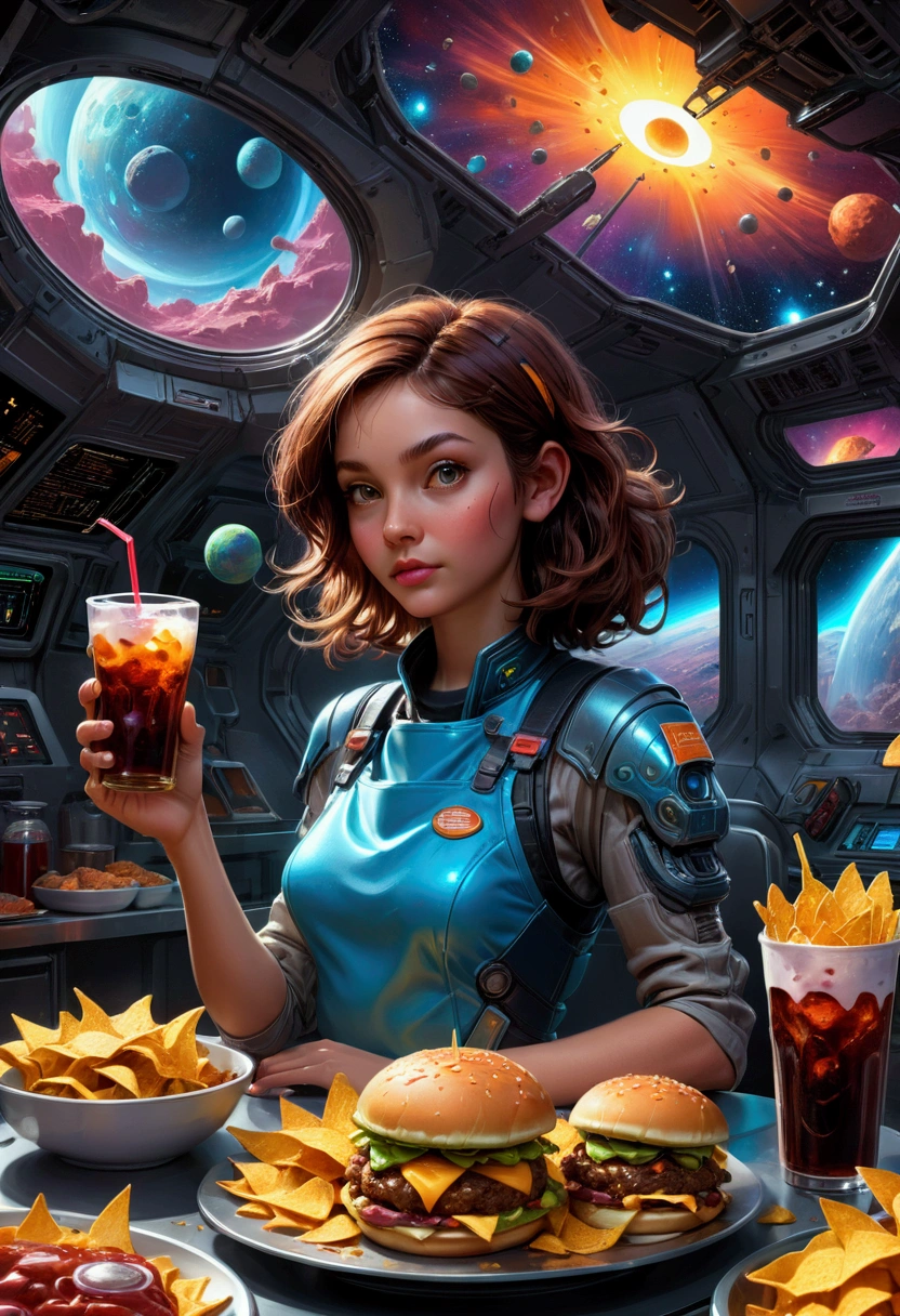 1girl, Fast Food Worker, award-winning illustration, concept art, digital painting, spaceship food truck flying through asteroid field, serving space miners, neon lights, holographic menu, robot chef, (food: space burgers, alien nachos, cosmic cola), sci-fi atmosphere, highly detailed spaceship design/aesthetic, 4k resolution, hyper-detailed, detailed matte painting, deep color, fantastical, intricate detail, splash screen, complementary colors, fantasy concept art, 8k resolution trending on Artstation Unreal Engine 5, masterpiece, best quality, very aesthetic, absurdres