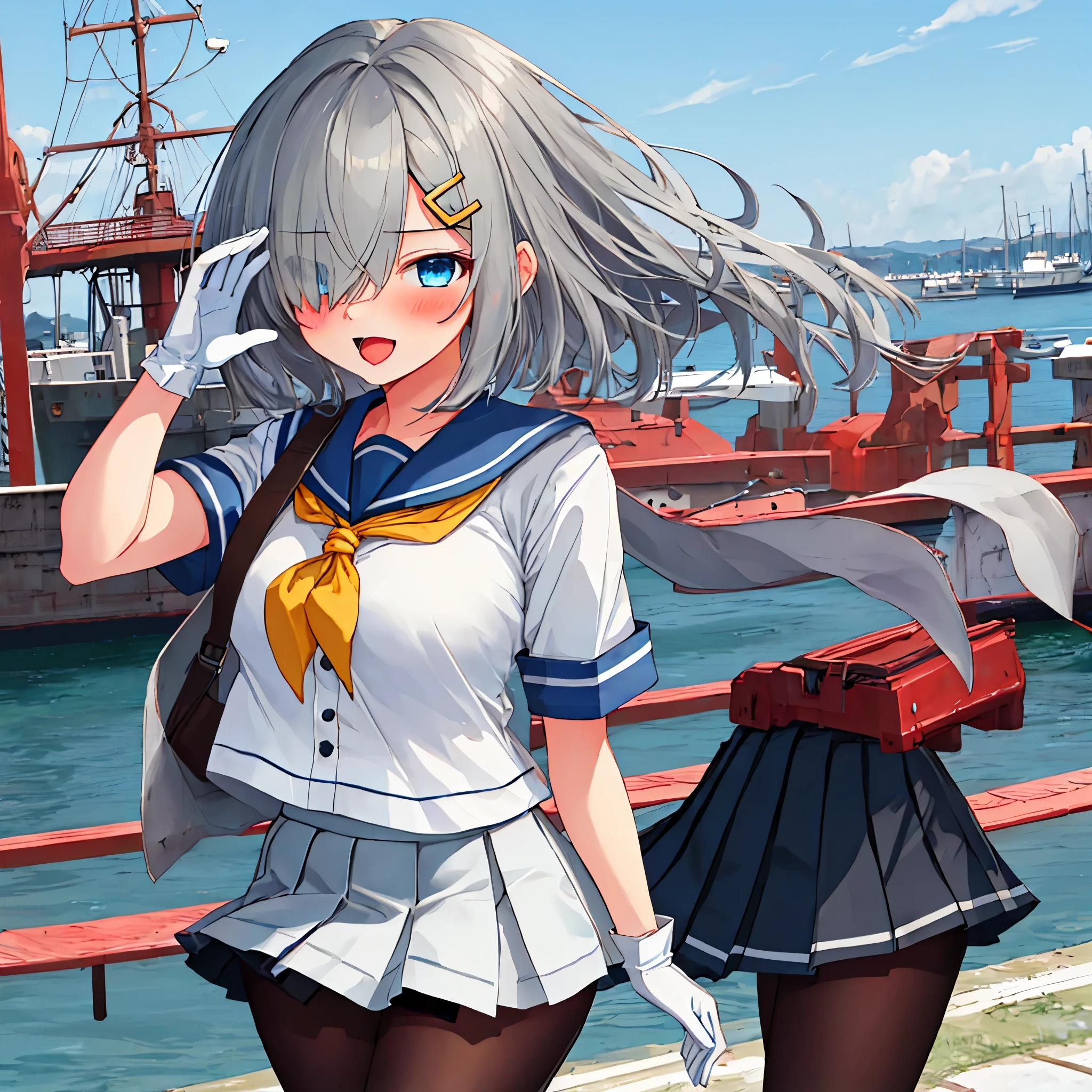 best quality, masterpiece, highres, solo, {hamakaze_kantaicollection:0.90}, 1girl, ,younger_teen,black_pantyhose, pleated_skirt, serafuku, short_sleeves, simple_background, white_background, yellow_neckerchief, white_gloves, looking_at_viewer, grey_skirt, blush, eyes_visible_through_hair, blue_sailor_collar, dynamic_posing,long_bangs,hair_over_one_eye,harbor_school_background,outdoor,large_breasts,onigiri,riceball,girl_eating_riceball,happy,open_mouth