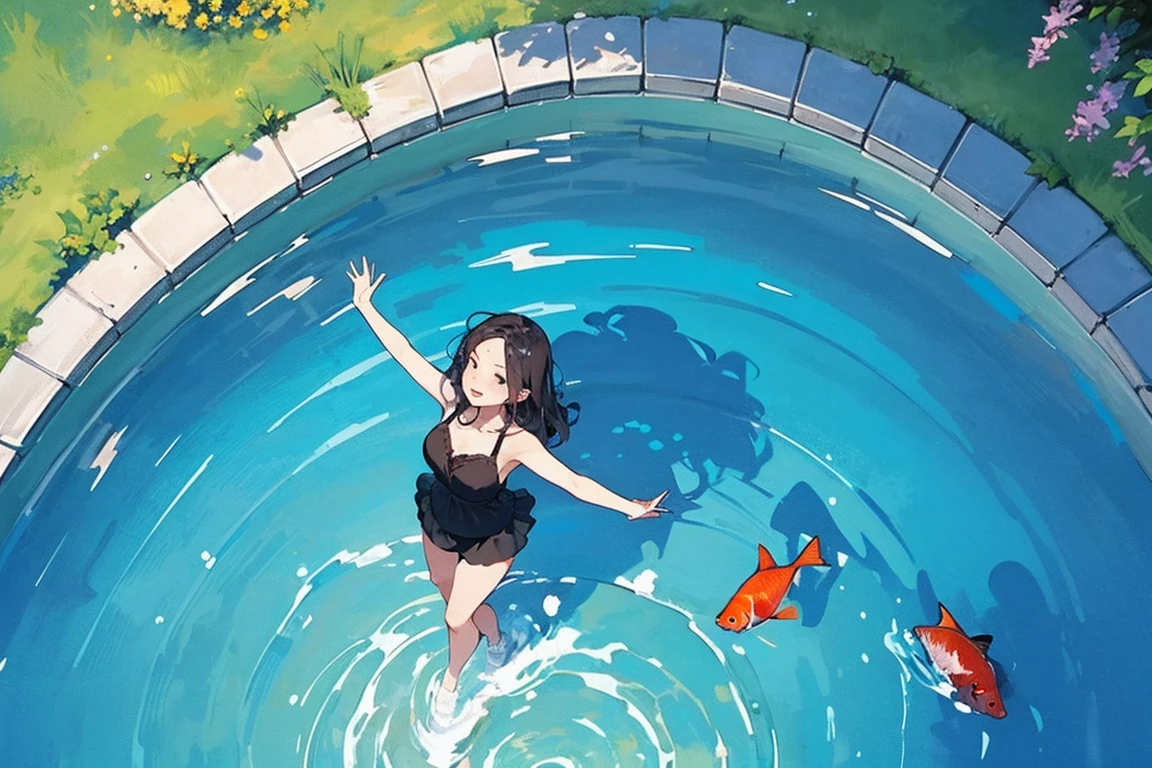 Woman walking on calm water, ((from above:1.5)), From above, Overlooking、Dancing Woman、Bottom Fish, Aquatic plants, Pool, Fish shadow