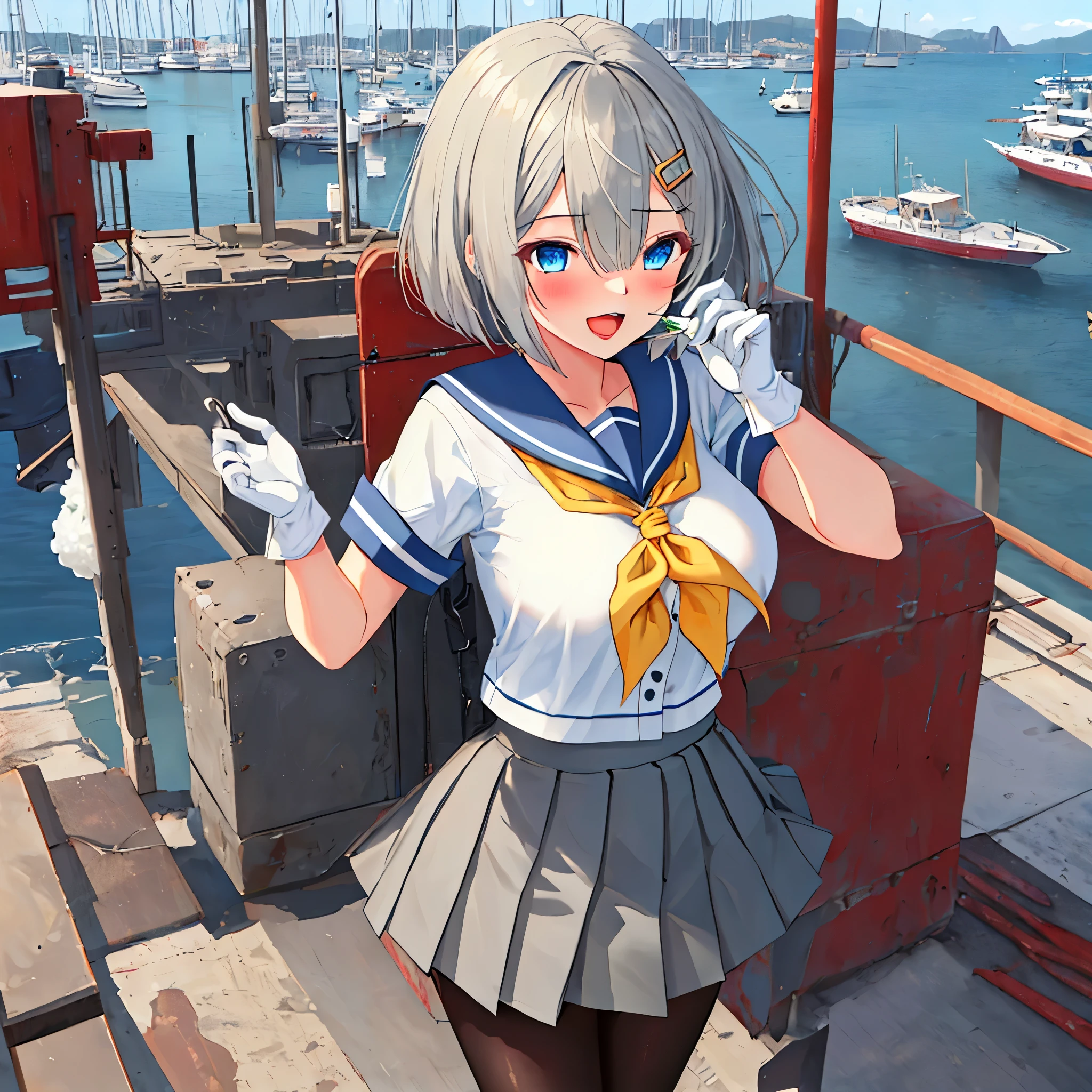 best quality, masterpiece, highres, solo, {hamakaze_kantaicollection:0.90}, 1girl, ,younger_,black_pantyhose, pleated_skirt, serafuku, short_sleeves, simple_background, white_background, yellow_neckerchief, white_gloves, looking_at_viewer, grey_skirt, blush, eyes_visible_through_hair, blue_sailor_collar, dynamic_posing,long_bangs,hair_over_one_eye,harbor_school_background,outdoor,large_breasts,onigiri,riceball,girl_eating_riceball,happy,open_mouth