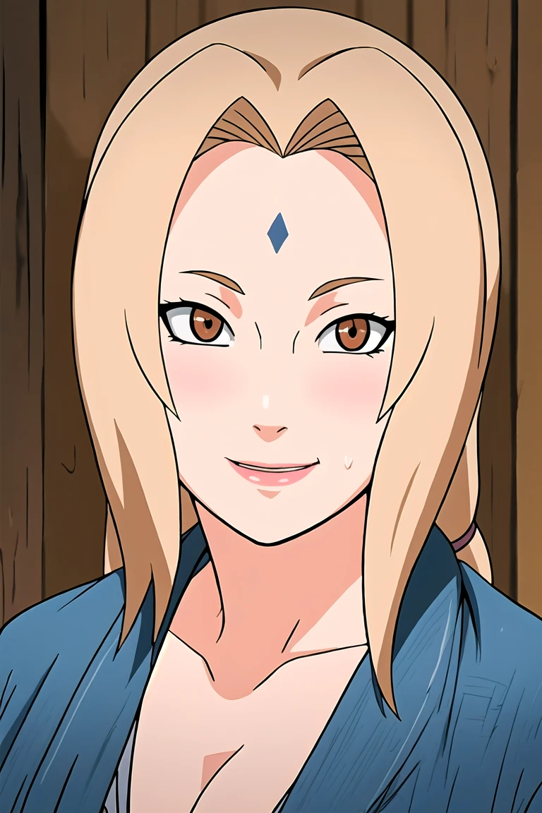 tsunade , brown eyes , blonde hair , forehead mark , (8k, RAW photo, best quality, masterpiece:1.2), (intricate details), perfect eyes, perfect face, perfect lighting, beautiful, (masterpiece:1.2), (best quality:1.2), 1girl, , micro bikini top , denim shorts , bedroom ,smile