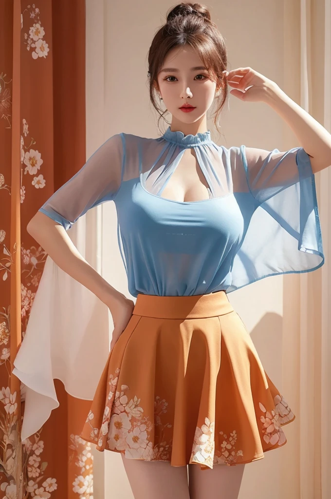 Shinnaka City, Transparent shirt, patterned clothes, skirt, best quality, masterpiece, illustration, Practical, photo-Practical, Astonishing, Fine details, Ridiculous, Huge file size, Extremely detailed, high resolution, Extremely detailed CG unity 8k wallpaper, Not suitable for working hours,  Create an illustration of a young KPOP Korean girl wearing an ultra-short skirt and a sheer top with floral patterns that suggest the shape of her breasts and nipples. The picture should be a close-up, Emphasis on the interpretation of light and shadow. Girls should wear makeup，Keep a stylish hairstyle, Strike a pose. The illustration should be presented in high resolution and set in an artistic environment with a stylish background.