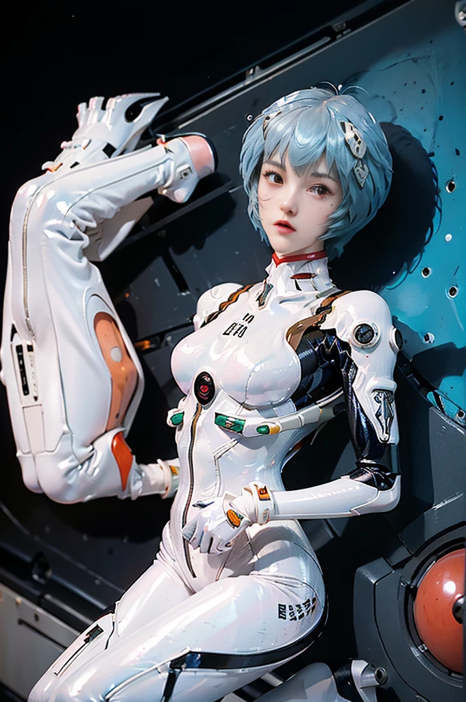 masterpiece,NSFW,((whole body:1.1))))), (realistic),picture, best quality, 1 woman,(tall)),fold the ears,(((Rei Ayanami, plug suit 00)))), ((((red eyes,Beautiful face, beautiful eyes))), (Cute face)), wet eyes, face,Detail face, Detail lips, Detail Eyes, (long eyelashes), double eyelid, (a charming smile), ( (gentle expression, Fleeting expressions)),(Rubber suit with strong gloss and smooth surface), ((((sexy tight shiny rubber suit)))), (Bold black line)))), from below, (upright), (Camelt), (smooth body line)), pale short hair, ((pale and thin eyebrows)), beautiful hair, (big round breasts), The small logo pattern on the chest is 0., Mechanical Suit, Slim long waist, White skin, (turn around pose), ((night sky, spaceship)), (face과 눈 디테일: 1.1), loneliness, blush, (shy)), Really delicate and beautiful girl, The small logo pattern on the chest is 0., standing, (((legs closed pose)), (to8 contrast style), Small, egg-shaped psychosensory devices on either side of the head