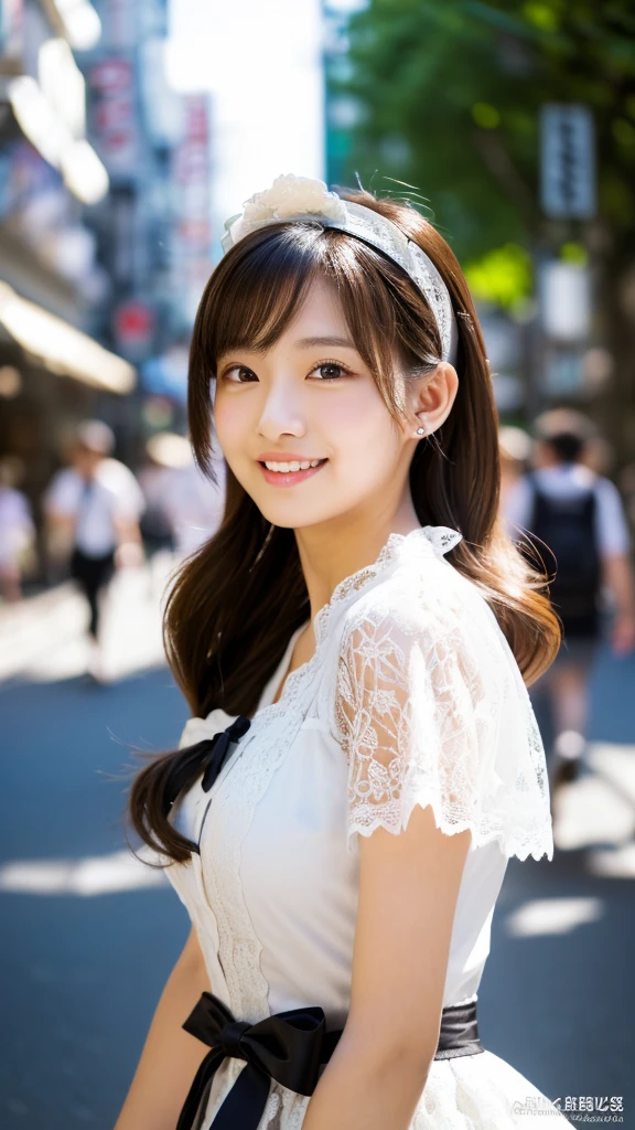 ((Ultra high resolution, highest quality, masterpiece: 1.2), (realistic, photorealistic: 1.37), highly detailed, (Sunny daytime in Akihabara electric town, professional lighting, photon mapping, radiosity, physically-based rendering, masterpiece, rich details, background blur)) A cute Japanese woman, 18 years old, (wearing a black and white maid outfit with a white apron, prominent black bows, and white lace details, and a black cat ear headband). The black parts of her outfit are particularly striking and well-defined. Her hair is styled in long, wavy twin-tails with a light brown color. She has a happy smile, showing her teeth, and has glossy skin and shiny hair. The scene is highly detailed, with professional and realistic lighting. The style is realistic and photorealistic, with extreme attention to detail, and the character has an anatomically correct body structure. The character has a nice body and very beautiful skin. She is facing to the right, looking away from the camera with a natural, candid expression. Her gaze is directed to her right, avoiding the camera completely. (Correct body structure, accurate anatomy, ultra-high quality, realistic lighting, nice body, very beautiful skin, sunny daytime in Akihabara electric town, background blur, facing right, looking away from the camera, natural candid photo, full body view: 1.2)
