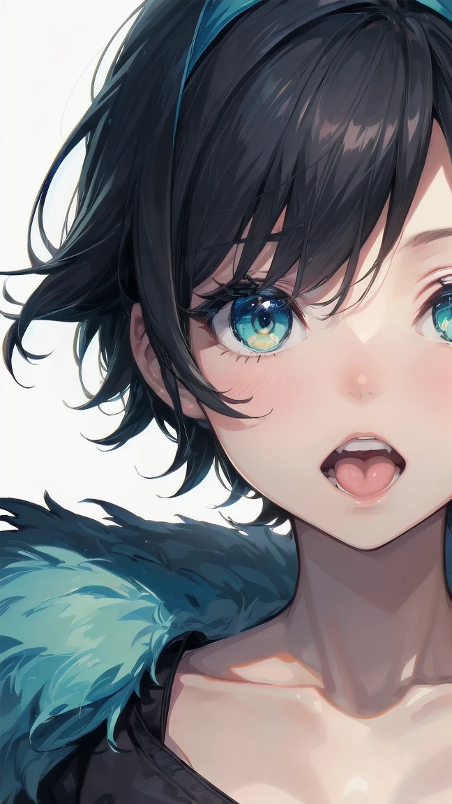 Close-up of a cartoon girl with blue hair and a yellow shirt, 2D Animation, 2D Animation style, 2D Art, 2D Art, 2D from Gorillaz, 2D from Gorillaz, 2D Gorillaz, Screaming Cerket, 2D Sprites, Jinx Face, short hair, hot pants, Small breasts, ((Black Hair, Bright blue fur inside:1.4))